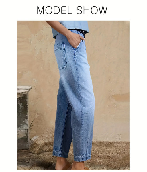 DD Women's 2026 New Stretchy Loose Cropped Jeans, Washed Blue Barrel Denim Trousers, Street Style Ladies' Outfit, Mid-waisted Pantalones with Pockets, 4 Seasons Weared Tummy Control Mom Pants Wide Leg Boyfriend Casual Pants for Travel Work and Office