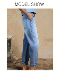 DD Women's 2026 New Stretchy Loose Cropped Jeans, Washed Blue Barrel Denim Trousers, Street Style Ladies' Outfit, Mid-waisted Pantalones with Pockets, 4 Seasons Weared Tummy Control Mom Pants Wide Leg Boyfriend Casual Pants for Travel Work and Office