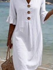 2026 Spring/ Summer New European And American Style V-Neck Big Button Ruffle Sleeve Dress Sexy Temperament Women'S Clothing