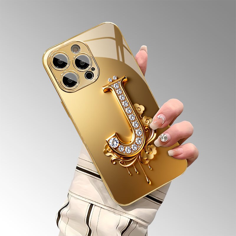 Phone Case: Phone Case - Diamond-Studded And Decorated Golden Letter J Pattern Electroplated Glass Phone Case for iPhone 17 Air/16/15/14/13/12/11/Plus/Pro/Pro Max and Galaxy S, A Series/S22/S23/S24 FE/S25/S26 ULTRA PLUS.It Is the First Choice of Gift