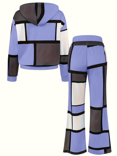 Casual Color Block 2pcs Set, Long Sleeve Hooded Top And Drawstring Pants, Women'S Clothing