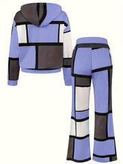 Casual Color Block 2pcs Set, Long Sleeve Hooded Top And Drawstring Pants, Women'S Clothing