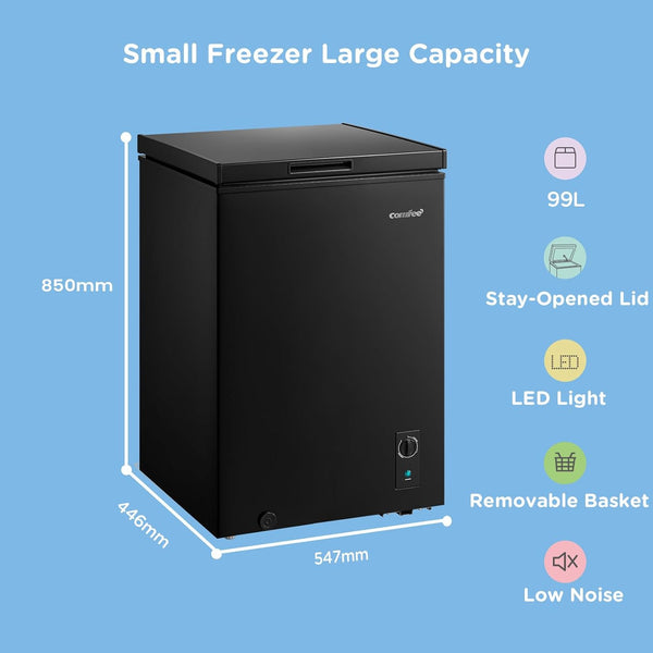 Midea Comfee 99L Freestanding Chest Freezer – Convertible Freezer/Refrigeration, Inverter Compressor, 4-Star Freezer Rating, Ideal for Home Kitchens with Ample Storage Needs, Plus Outbuildings, Garages & Sheds – Black [Energy Class E]