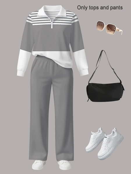 Women's 2pcs Suit Set - Striped Half-Pallet Pullover Top & Solid Color Pants with Zipper Closure, High-Elasticity Straight Leg Pants, Loose Fit for Commuting, Office & Daily Wear - All-Season Professional Attire (2pcs Matching Set)