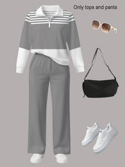 Women's 2pcs Suit Set - Striped Half-Pallet Pullover Top & Solid Color Pants with Zipper Closure, High-Elasticity Straight Leg Pants, Loose Fit for Commuting, Office & Daily Wear - All-Season Professional Attire (2pcs Matching Set)