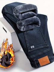 Men's Heavy-Themed Winter Light Business Casual Pants - Thickened Warm Washed Denim, Loose-Fit Mid-Rise with Internal Zipper Closure, Solid Color for Professional & -Casual Wear (Machine Washable)