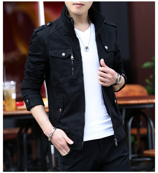 Men'S Solid Color Plaid Lining Cargo Jacket Autumn And Winter Multi-Pocket Design Stylish Long Sleeve Stand Collar Street Jacket Outdoor Coat Locomotive Jacket