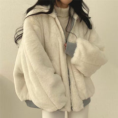 Women's Winter Double-Sided Plush Padded Jacket with Hood & Pockets - Thickened Lamb Outer Coat, Zipper Closure, Solid Color Casual Sweater for Cold Weather (No elastic fabric)