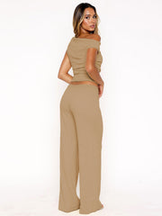 KatchMe Women's 2-Piece Outfit - Sloping Shoulder Top & Wide Leg Pants Set, Shirred Detail Matching Coord, Minimalist Solid Color Two Piece
