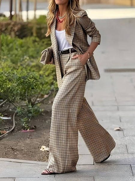 New Women'S Product: Lined Plaid Suit Jacket Top + Plaid Wide-Leg Pants Suit, Fashionable And Elegant for Commuting, Going Out, Professional Office, Street Style, Airport Daily Wear Suit Two-Piece Set, Suitable for Spring And Autumn Wear
