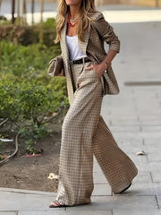 New Women'S Product: Lined Plaid Suit Jacket Top + Plaid Wide-Leg Pants Suit, Fashionable And Elegant for Commuting, Going Out, Professional Office, Street Style, Airport Daily Wear Suit Two-Piece Set, Suitable for Spring And Autumn Wear