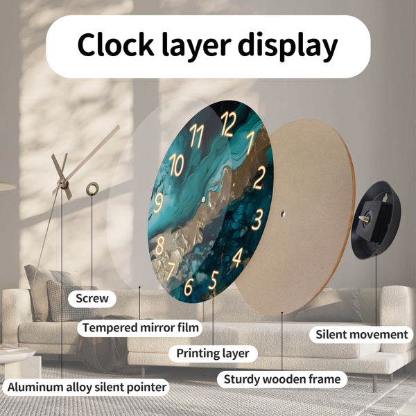 Green Marble Wooden Wall Silent Clock