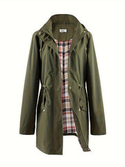 Drawstring Waist Hooded Zip Up Coat, Casual Long Sleeve Coat for Fall & Winter, Women's Clothing