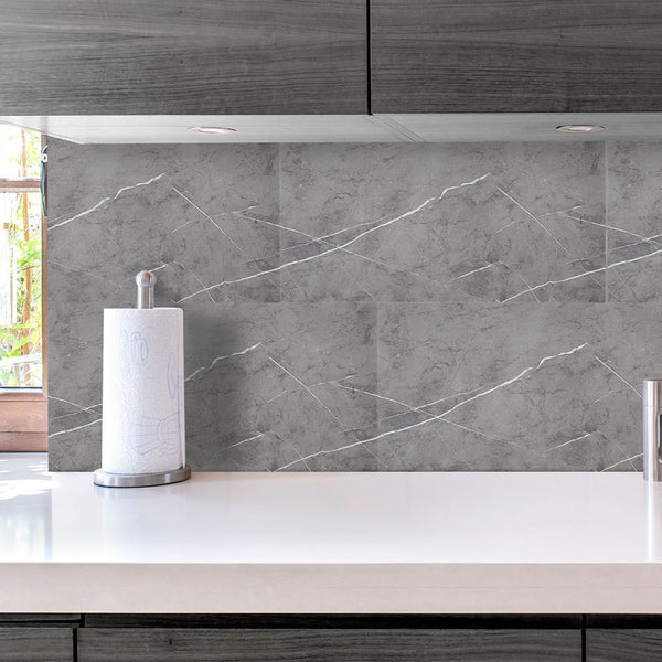 Marble Tile Stickers, Peel and Stick Marble Stick on Tiles 60 x 30cm, 10PCS PVC Self Adhesive Wall Backsplash Tiles for Kitchen Bathroom (Grey Marble)