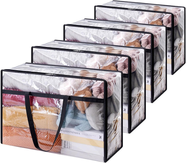 Lifewit 4 Pack Clear Plastic Storage Bags, 40L Foldable Clothes Storage Boxes Wardrobe Organizer Moving Bags with Reinforced Handle for Loft Wardrobe for Bedding Clothes Blanket Duvet