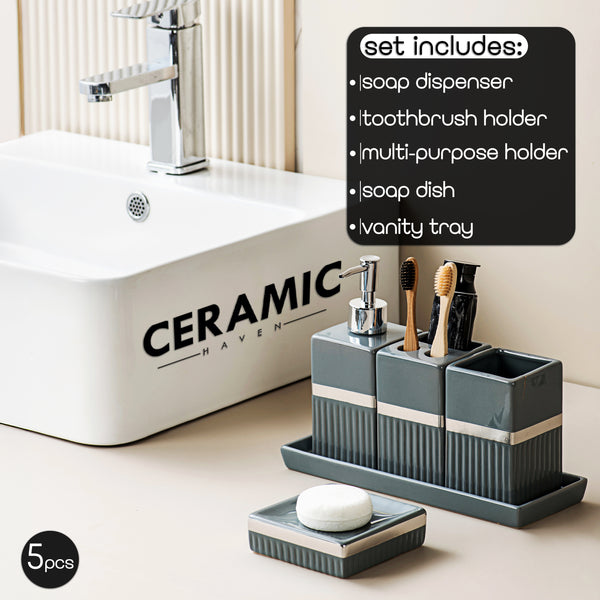 Ceramic Haven Elegance Collection | Set of 5 Luxury Bathroom Accessories | Soap Dispenser, Toothbrush Holder, Multipurpose Holder, Tumbler, Vanity Tray | Stylish Décor & Organizer