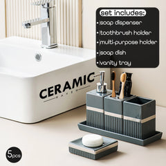 Ceramic Haven Elegance Collection | Set of 5 Luxury Bathroom Accessories | Soap Dispenser, Toothbrush Holder, Multipurpose Holder, Tumbler, Vanity Tray | Stylish Décor & Organizer