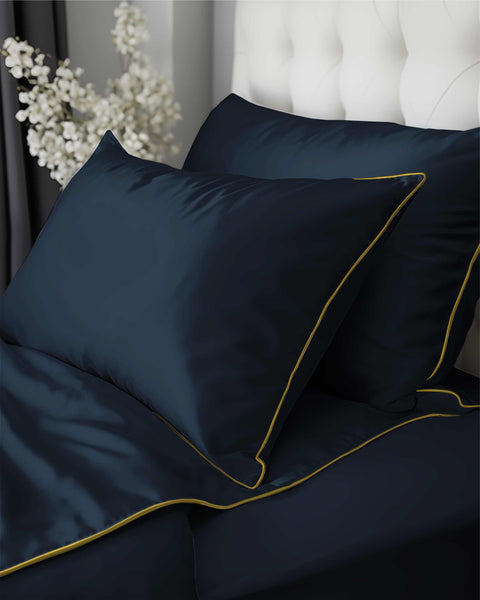 Luxury Dark Blue Duvet Cover Set with Gold Trim – 100% Cotton Sateen – Opulent Hotel Style Bedding for Single, Double, and King Beds