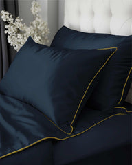 Luxury Dark Blue Duvet Cover Set with Gold Trim – 100% Cotton Sateen – Opulent Hotel Style Bedding for Single, Double, and King Beds