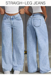 Women's New Fashion Stretchy Straight Jeans, Loose Comfort Fit Wide Leg Jeans, Acid Washed Light Blue Denim Trousers with Pockets, Elegant Women's Clothing, High Waisted Tummy Control Pantalones. Baggy Casual Pants for Travel, Work and Office Wear.