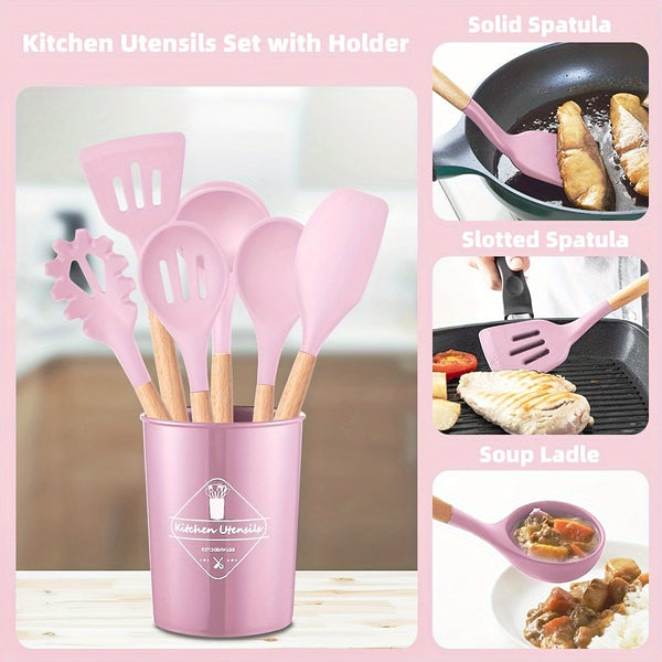 Silicone Kitchen Utensils Set with Holder 12pcs Cooking Utensils Set with Wooden Handle Heat Resistant Kitchen Gadgets Utensil Set Kitchen Additions