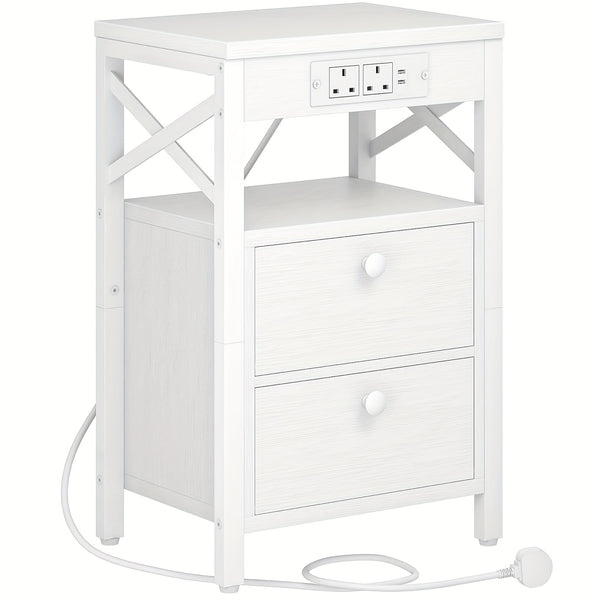 X-shaped Bedside Table with Charging Station | 2 USB Ports, 2 AC Outlets, 2 Drawers, Rustic Brown, 38 x 28 x 60 cm, HOOBRO