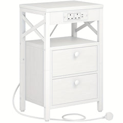X-shaped Bedside Table with Charging Station | 2 USB Ports, 2 AC Outlets, 2 Drawers, Rustic Brown, 38 x 28 x 60 cm, HOOBRO