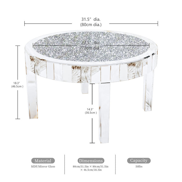 LUVODI Large Round Mirrored Coffee Table Beveled Bling Crushed Diamond End Table for Living Room, Bedroom, Office Decor