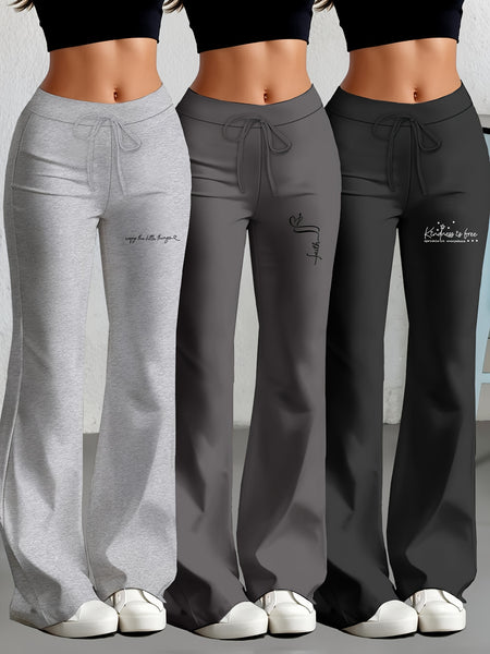 European and American Spring/Summer New Fashion Women's Bottoms: Flared Straight-Leg Pants with Classic English Text Print, Daily Casual Butt-Lifting Peach Butt Long Pants, Three-Piece Set