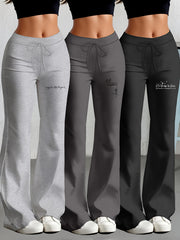 European and American Spring/Summer New Fashion Women's Bottoms: Flared Straight-Leg Pants with Classic English Text Print, Daily Casual Butt-Lifting Peach Butt Long Pants, Three-Piece Set