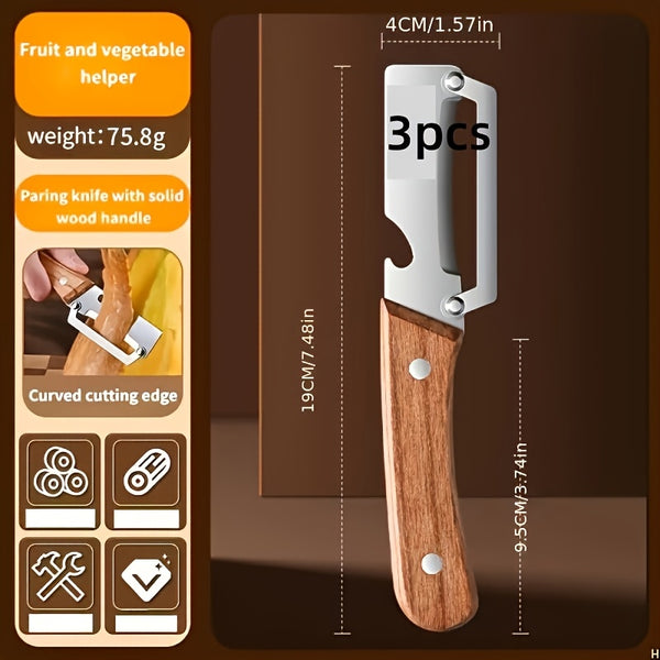 3pcs Heavy-Duty Stainless Steel Peeler with Wooden Handle & Straight Blade - Suitable for Sugarcane, Fruits, Vegetables, for, Commercial Use, Durable Peeling for, Parties, Picnic - Easy Peel Design