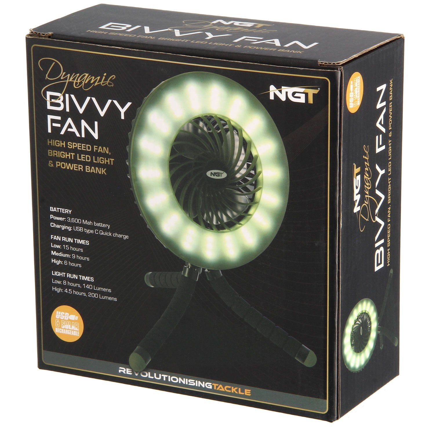 NGT Dynamic Bivvy Fan with LED Light & Powerbank | USB Rechargeable 3600mAh 3-Speed Fan + 54-LED Dual Brightness - Carp Fishing Camping Essential