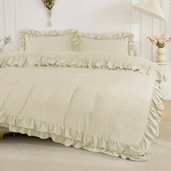 3-Piece Ruffle Frilled Duvet Cover Set – Soft, Comfortable Bedding with Pillowcases, Button Closure, Elegant Layered Design