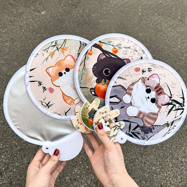 4pcs Cute Cat Folding Fan - Cat Design, 2-In-1 Cooling And Sunscreen, Portable Handheld Storage Bag, Summer Additions, Festival Gifts