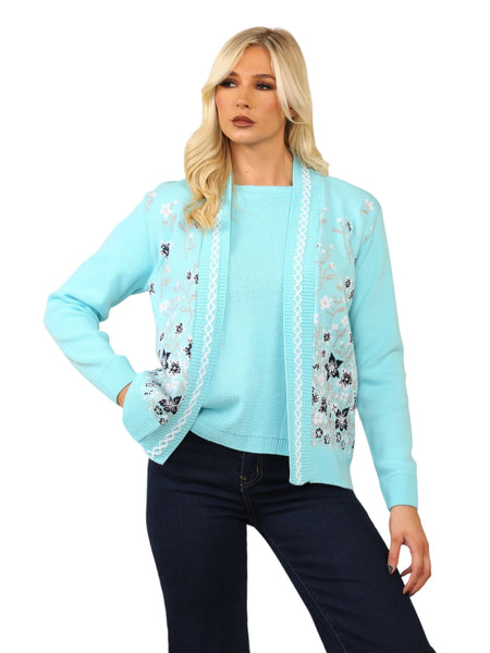 Ladies Twin Set Floral Sweater Womens Knitted Tank Top Cardigan Jumper