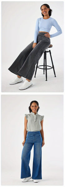 ' High Waisted Wide Jeans - Stretchy Pants with Multiple Pockets, -Washed - Casual Trousers for Jeanswear & Layering (Wide-Waisted Fit)