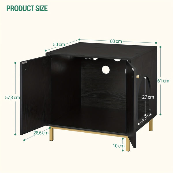 Feline Storage Unit, Cat Waste Container, Feline Waste Storage, Pet Shelter with Entrance, Wooden Side Table for Pet Shelter, 50 X 60 X 61 Cm, Durable Feline Storage Unit, Black And Golden