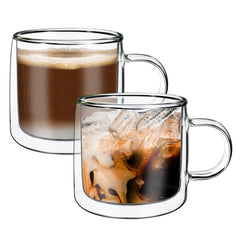 Vinsani Double Walled Coffee Drink Glasses Tea Cup Mug Heat Cold Resistant Aesthetic Clear Borosilicate Glass with Handle Cappuccino Latte Tea Dessert Hot and Cold Drinks