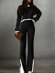 Women'S Short Color-Blocked Long-Sleeve Top with Solid Color Pants, a Casual And Stylish Outfit for Christmas