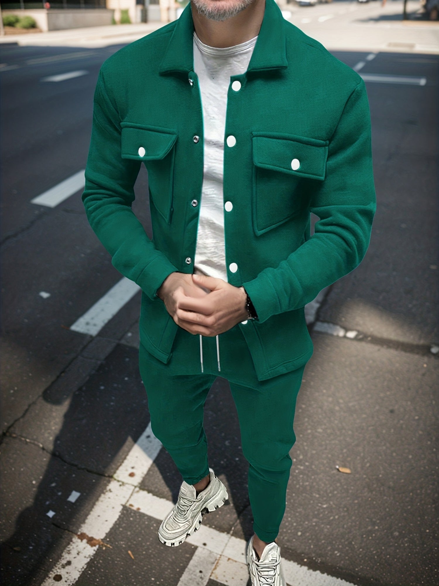 Men'S Fashionable Versatile Lapel Genuine Pocket Outwear Long Sleeve Jacket And Drawstring Solid Color Pocket Pants 2pcs Set