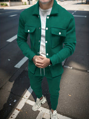 Men'S Fashionable Versatile Lapel Genuine Pocket Outwear Long Sleeve Jacket And Drawstring Solid Color Pocket Pants 2pcs Set