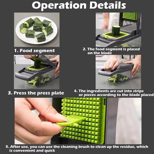 Multi-Purpose 14-in-1 Vegetable Chopper, Slicer, Dicer, and Grater, Kitchen Food Cutter for Onion, Tomato, Cucumber, Carrot, and More, Easy to Use and Clean, Gray