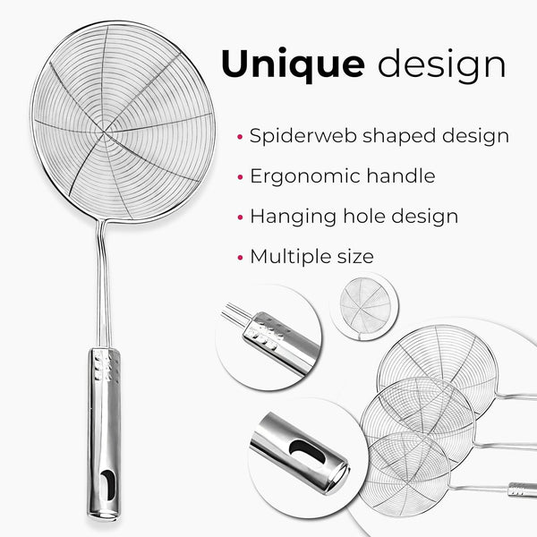 3pcs Kitchen Tools Stainless Steel Spider Strainer Set - for 15cm, 17cm, 19cm - Durable Metal Skimmers with Long Handles - Food-Safe Skimming Spoons for Frying, Pasta - with Hanging Loop