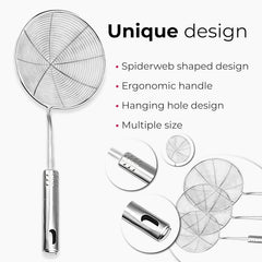 3pcs Kitchen Tools Stainless Steel Spider Strainer Set - for 15cm, 17cm, 19cm - Durable Metal Skimmers with Long Handles - Food-Safe Skimming Spoons for Frying, Pasta - with Hanging Loop