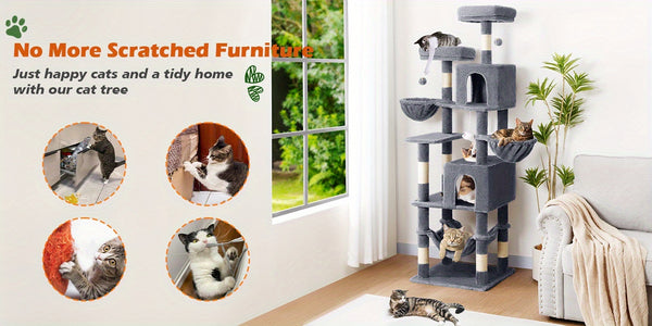 AMHANCIBLE 180cm Tall Cat Tree, Multi-Functional Cat Tower With Perches, Condos & Sisal Poles, Sturdy Wooden Cat Playground For Multi-Cat Households, Easy To Assemble
