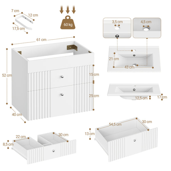 Wall-mounted Vanity with Integrated Washbasin, Bathroom Cabinet Featuring 2 Drawers And Towel Rack, Ample Storage Capacity, Modern Minimalist Design, 40 X 60 X 50cm, White