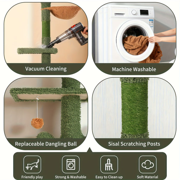 Cactus Cat Tree Floor to Ceiling Cat Tower with Adjustable Height 229Cm-275Cm, 4 Tiers Cat Climbing Activity Center with Cozy Hammock, Platforms And Dangling Balls, Green