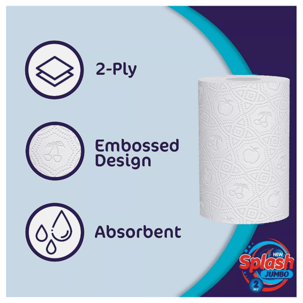 Splash 2-Ply Kitchen Roll 4-Pack Disposable Paper Tissue 72 Rolls White Paper Embossed Strong & Functional