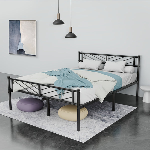 Chic Arrow-Patterned Metal Bed Frame with Under-Bed Storage - Easy Assembly, No Box Spring Needed - Black | Sizes: 91.44cm Single, 4ft6 Double, 152.4cm King, Slatted Bed Platform, Headboard, Oyajia