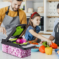16-In-1 Multifunctional Kitchen Vegetable Slicer with a Container, Suitable for Onions, Carrots, Garlic, And Includes a Non-Rechargeable Plastic Tool Set with a Drainage Basket